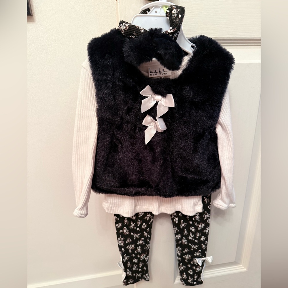 Nicole Miller Black and White Outfit with Faux Fur Vest